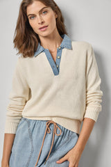 Denim Collar Polo Sweater