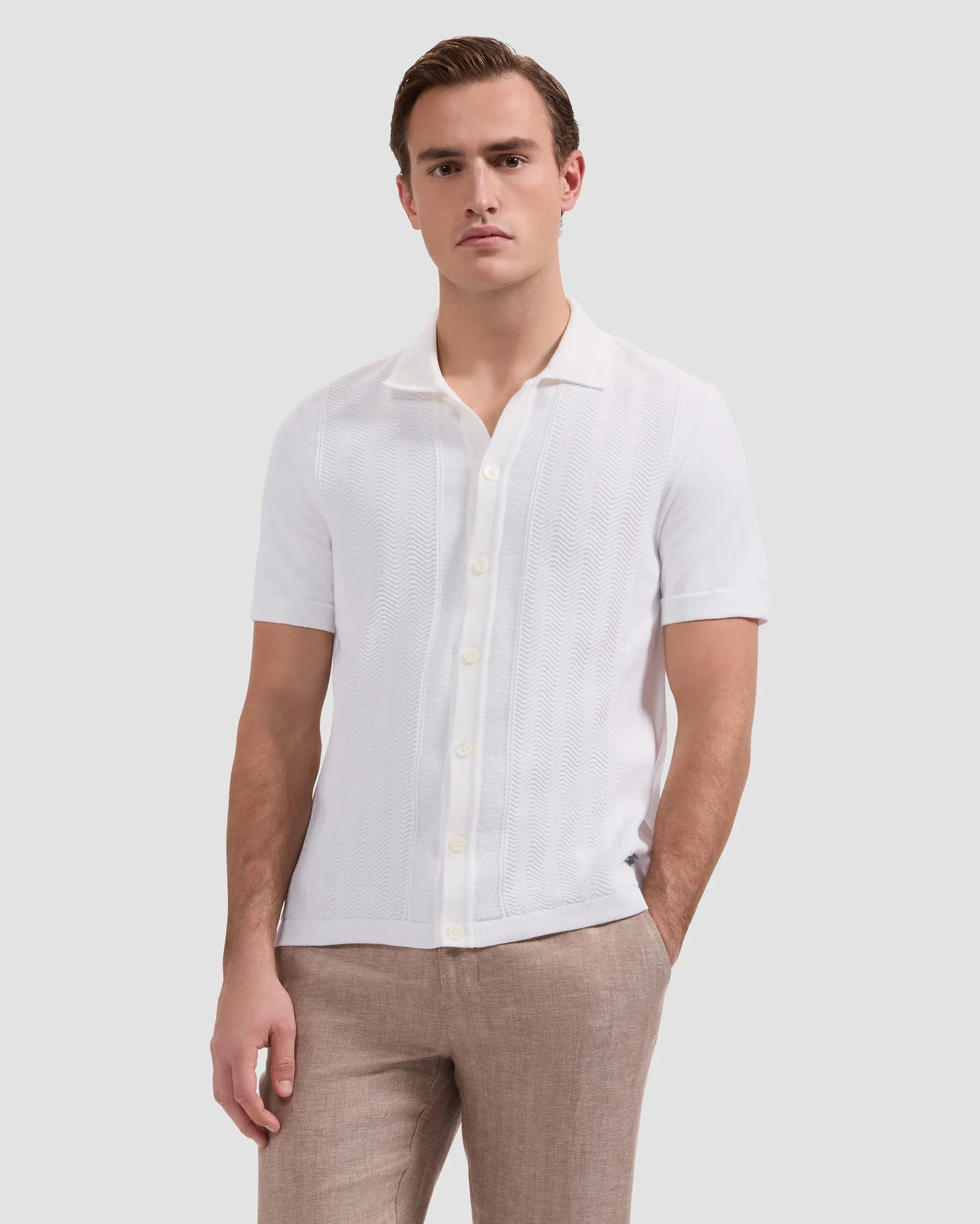 Chevron Button-Front Short-Sleeve Polo Sweater  - Chalk
