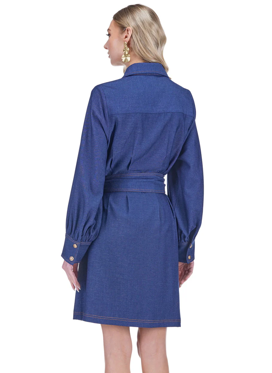Collar Waist Pleated Shirtdress - Denim