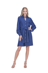 Collar Waist Pleated Shirtdress - Denim